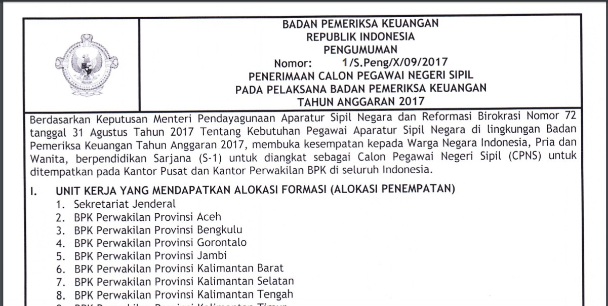 Penerimaan Cpns Badan Pemeriksa Keuangan Tahun 2017 Bpk Perwakilan Provinsi Jawa Barat